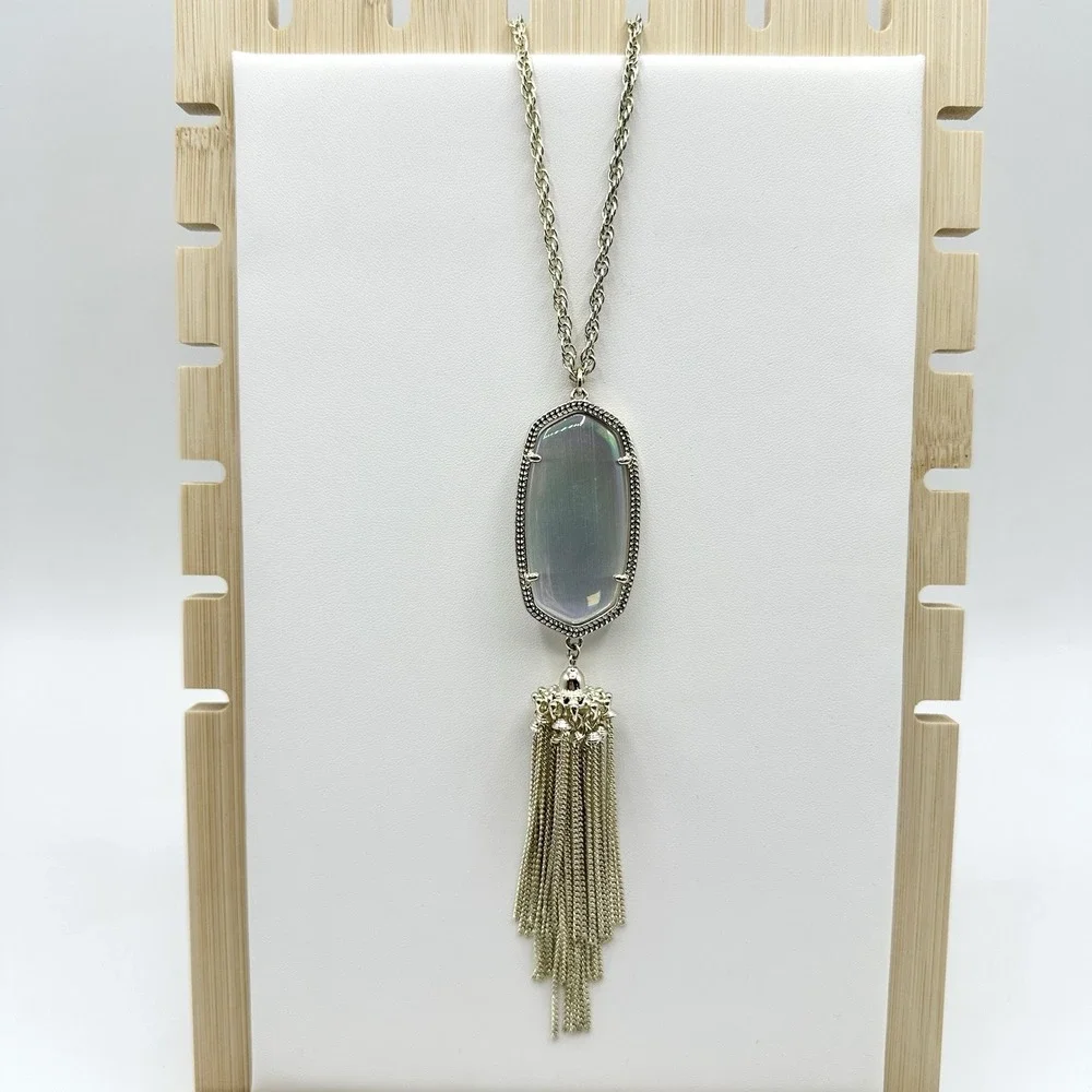 Kendra Scott Rayne Necklace Iridescent White Tassel Pendant Long Goldtone Chain